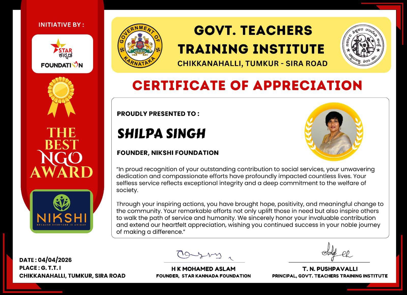 Certificate of Appreciation — Nikshi Foundation for Humanity